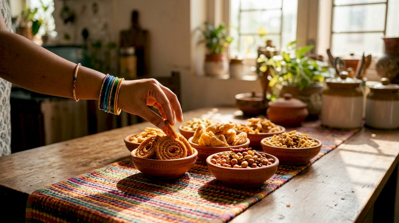 Assorted regional Indian snacks on rustic table