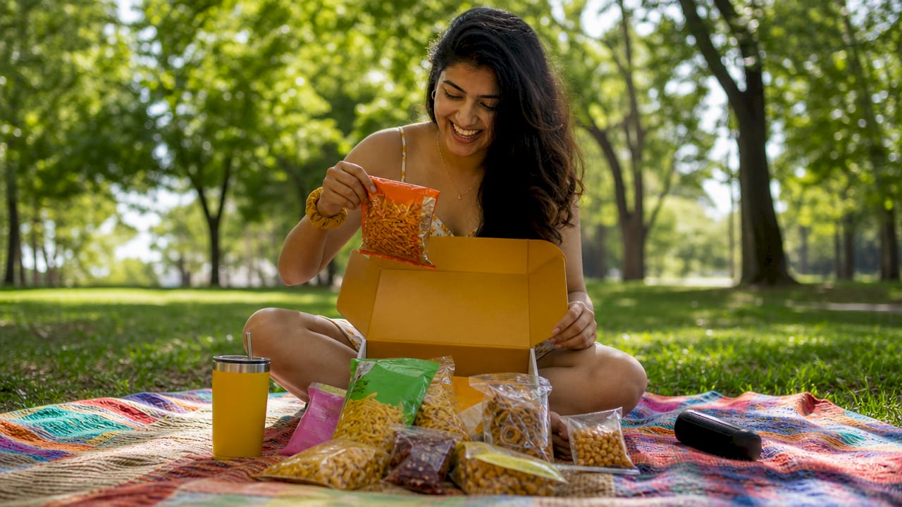 Woman unboxing Indian snack subscription box in kitchen