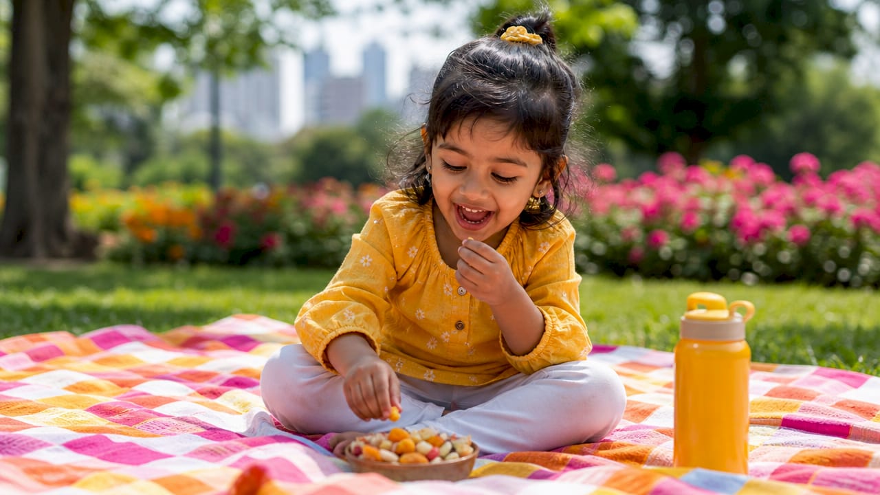 Young girl enjoying healthy snack indoors