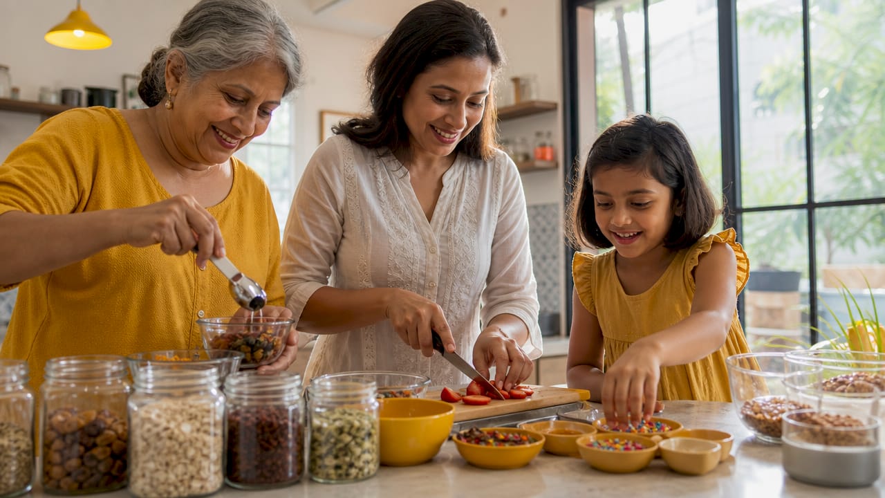 Family preparing homemade snacks in kitchen