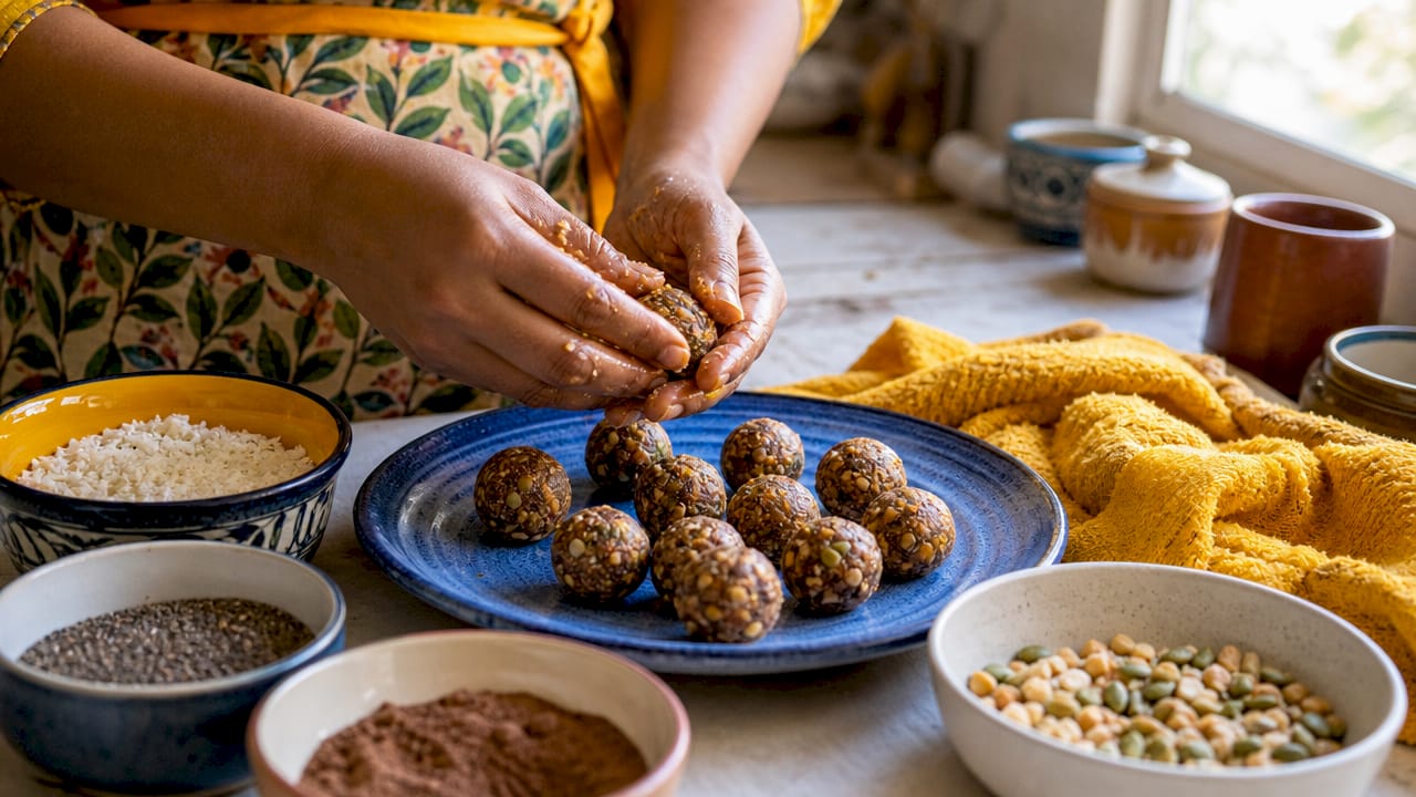 Close-up of hands rolling homemade energy balls
