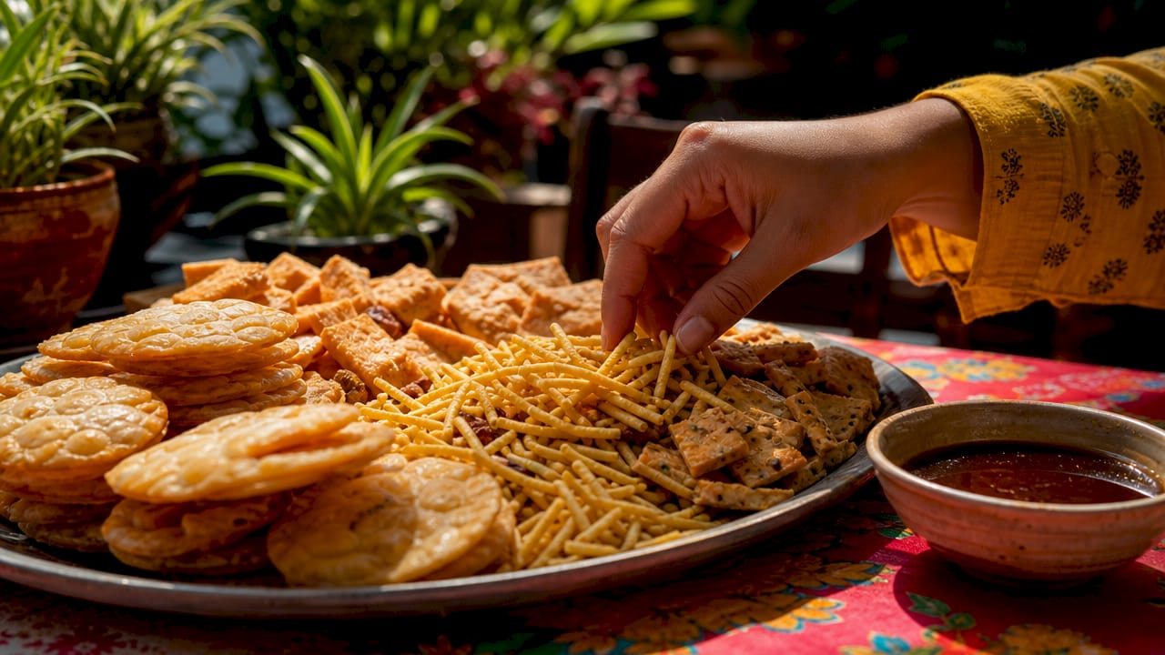 Close-up of Indian dry snacks and hand placing chakli