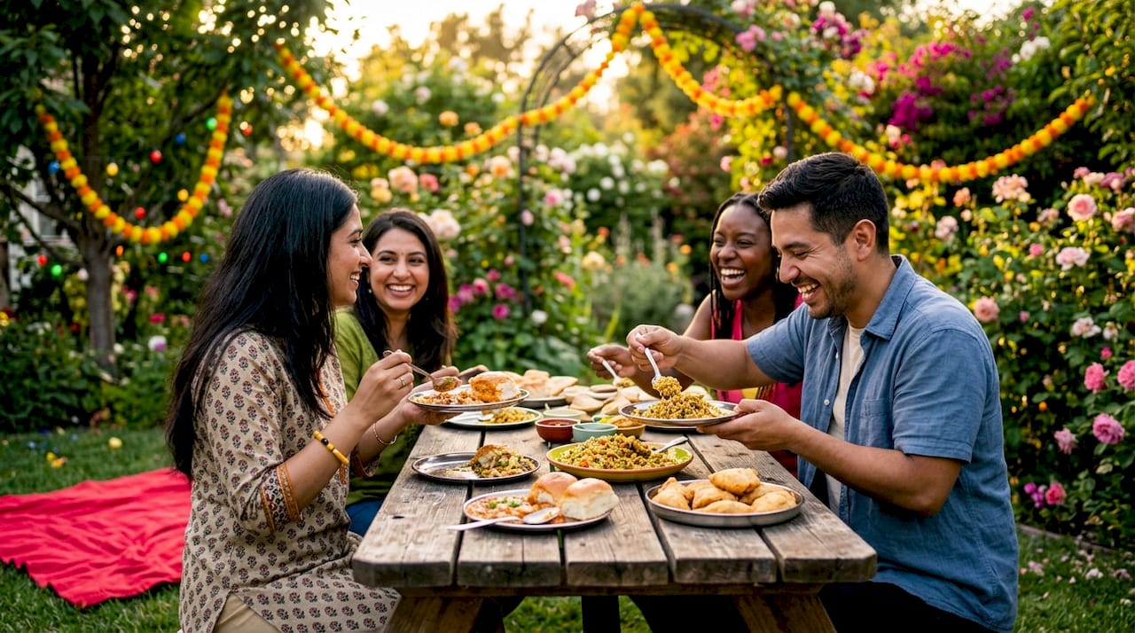 Guests enjoying colorful Indian snack tasting party