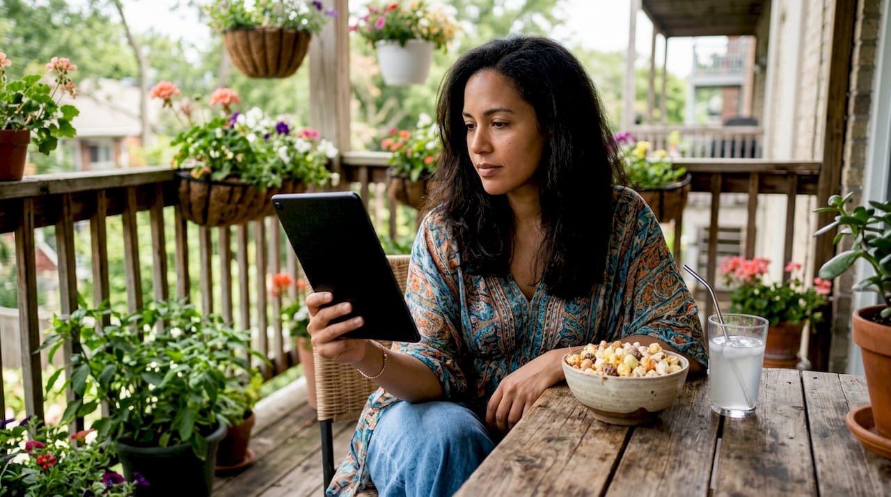 Woman browsing online snack variety at home