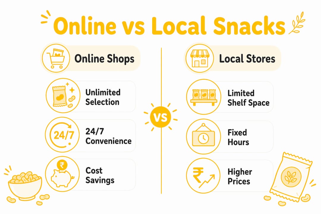 Infographic comparing online and local snack shopping benefits