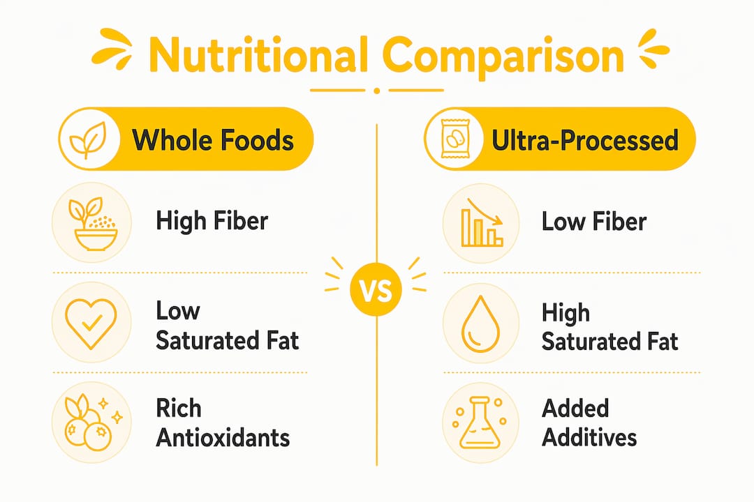 Infographic comparing nutritional benefits of whole food and ultra-processed snacks