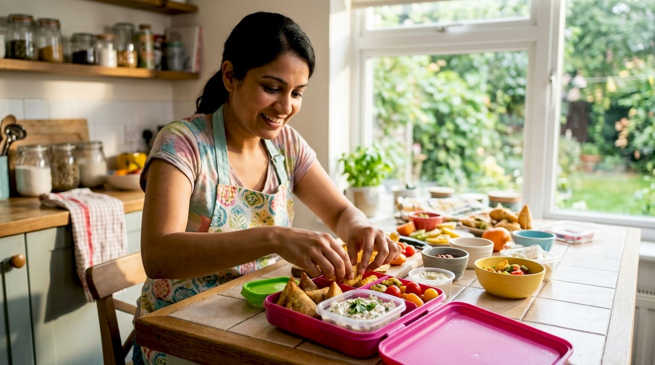 Mother packing savory lunchbox snacks at home kitchen
