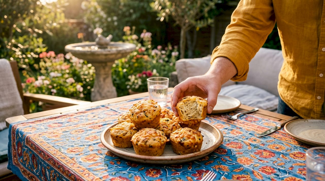 Close-up of herb and cheese chicken muffins on cutting board