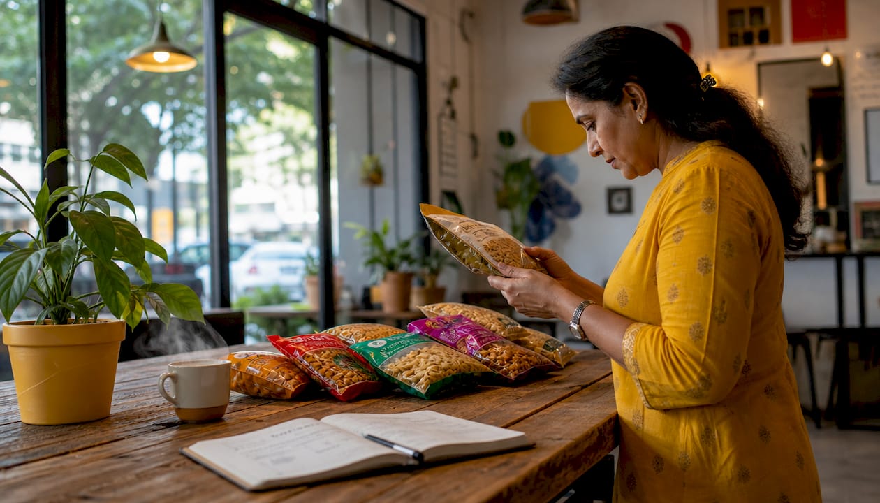 Woman comparing Indian snacks online at kitchen table