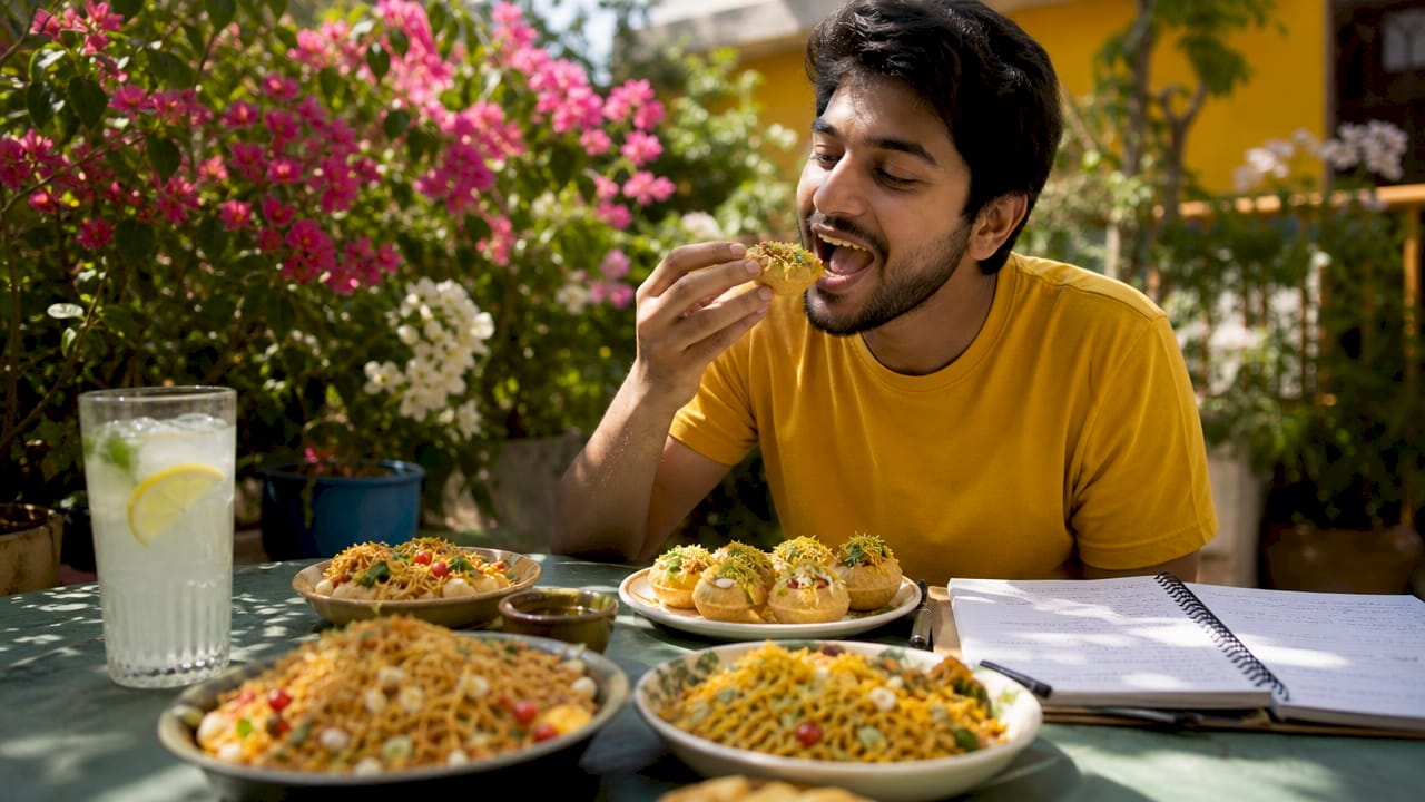 Man tasting authentic Indian snacks in café