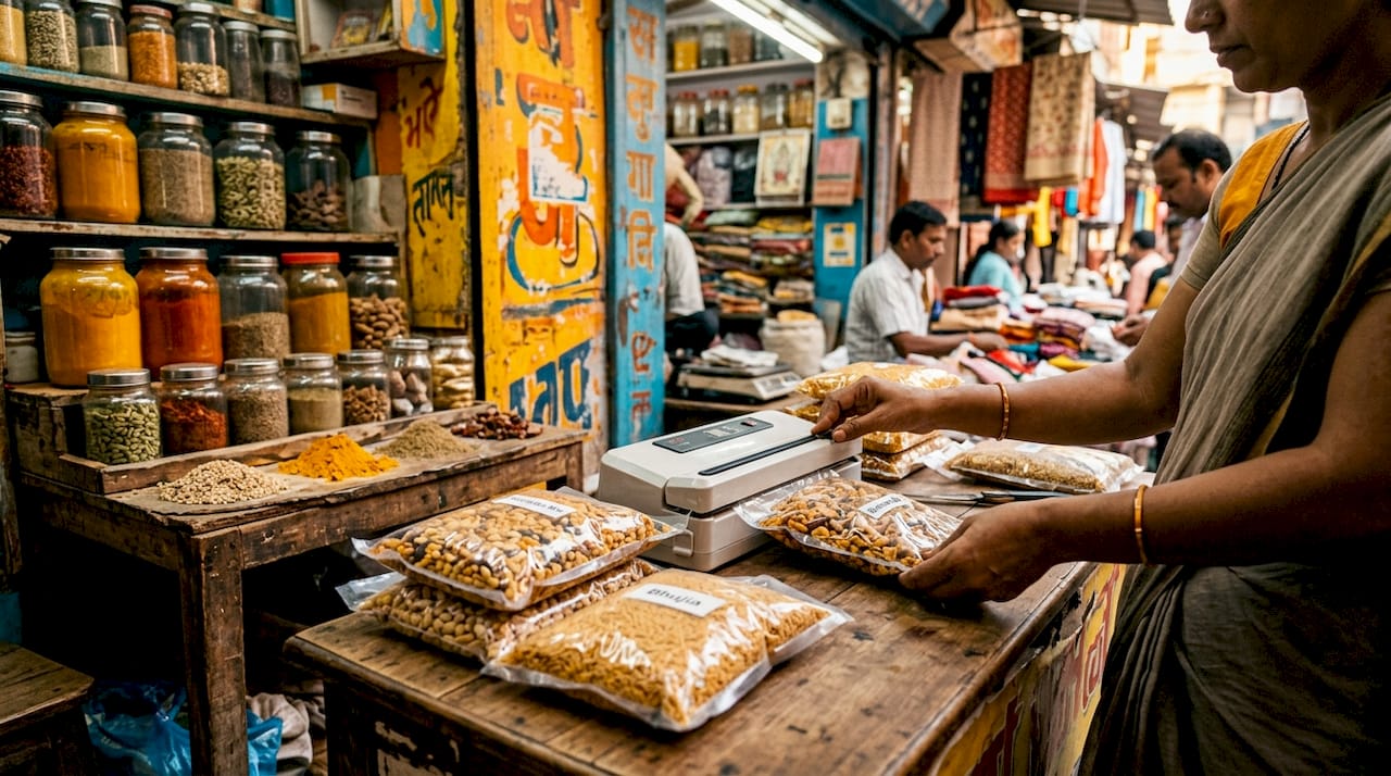 Hands vacuum sealing namkeen packets in workshop