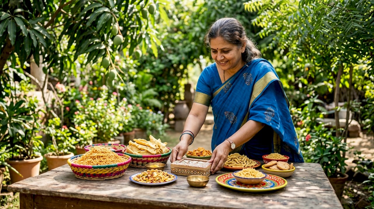 Woman arranging namkeen snacks in kitchen