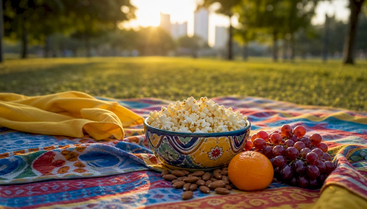 Close-up of air-popped popcorn and nuts on wood table