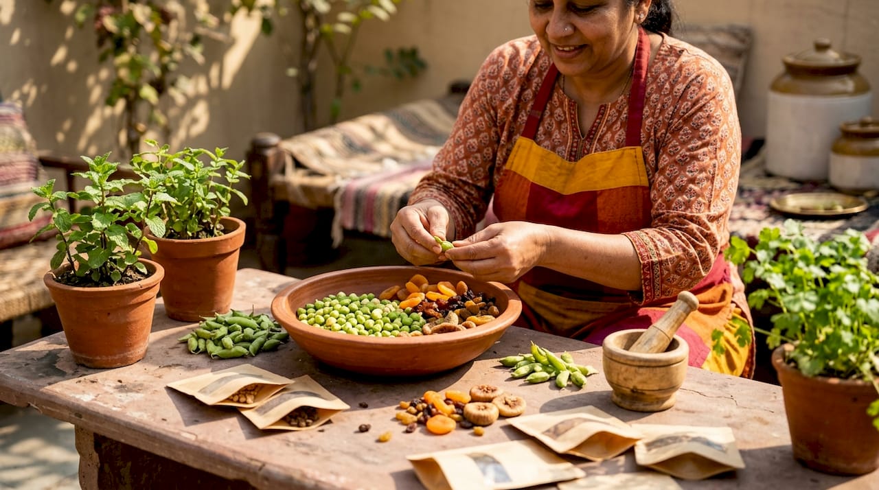 Woman preparing natural snack ingredients in kitchen