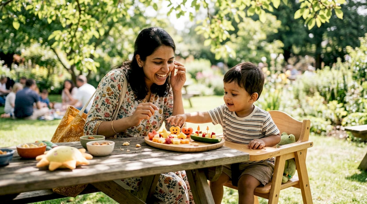 Mother and toddler having fun with snacks