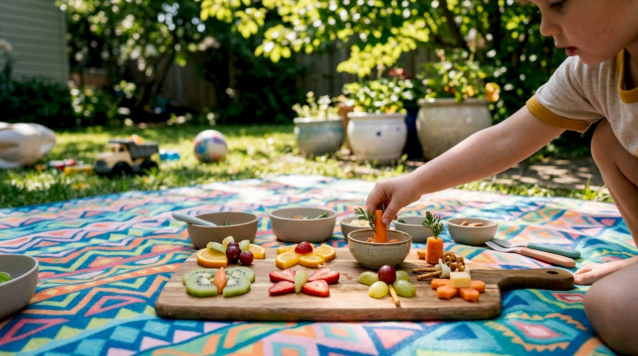 Child assembling creative snacks with hands