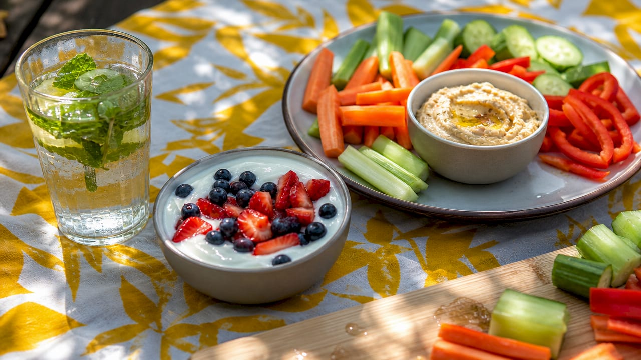 Assortment of healthy snacks on wooden table