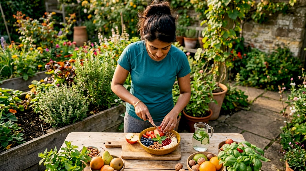 Woman preparing healthy snack at kitchen table