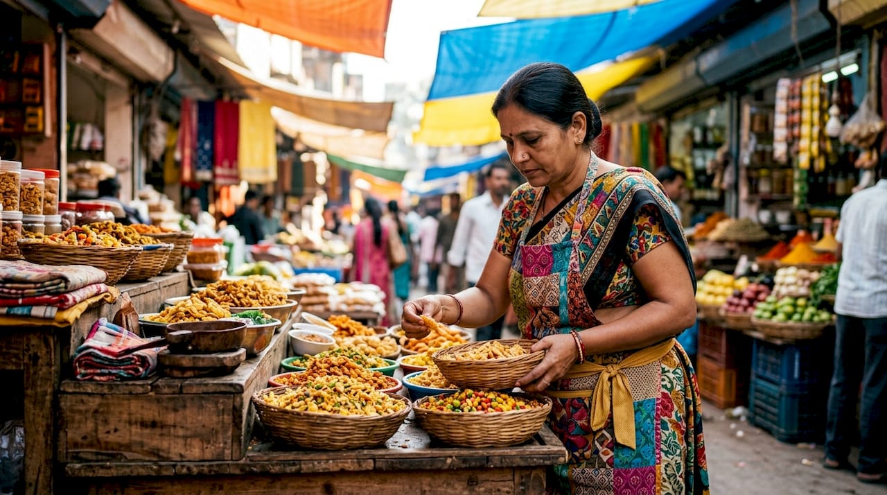 Woman inspecting fresh small batch snacks on worktable