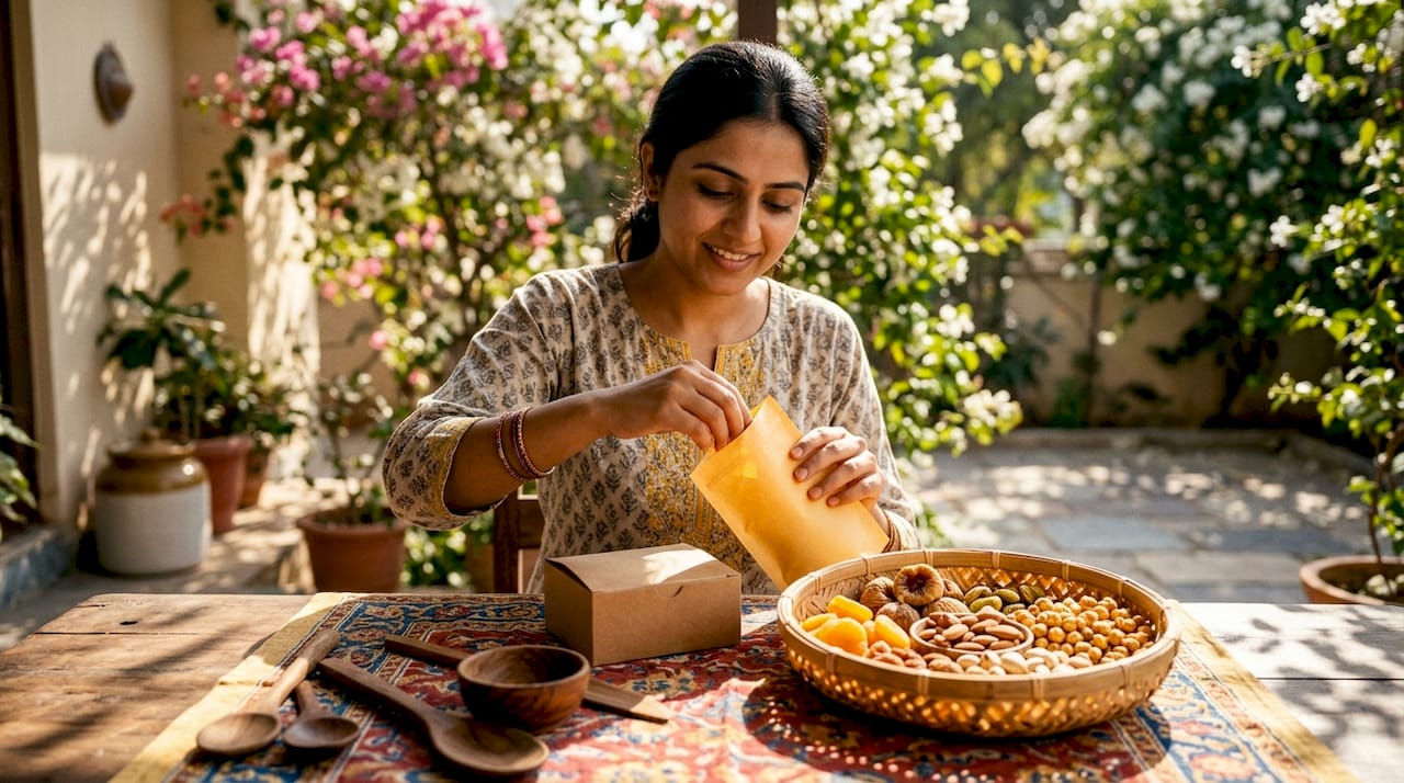 Mother unpacking fresh small batch kids snacks in kitchen