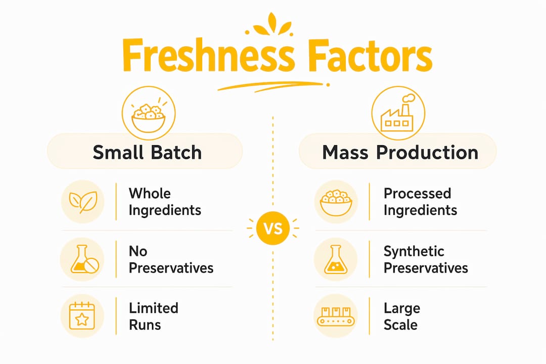 Infographic comparing small batch and mass production snack freshness factors