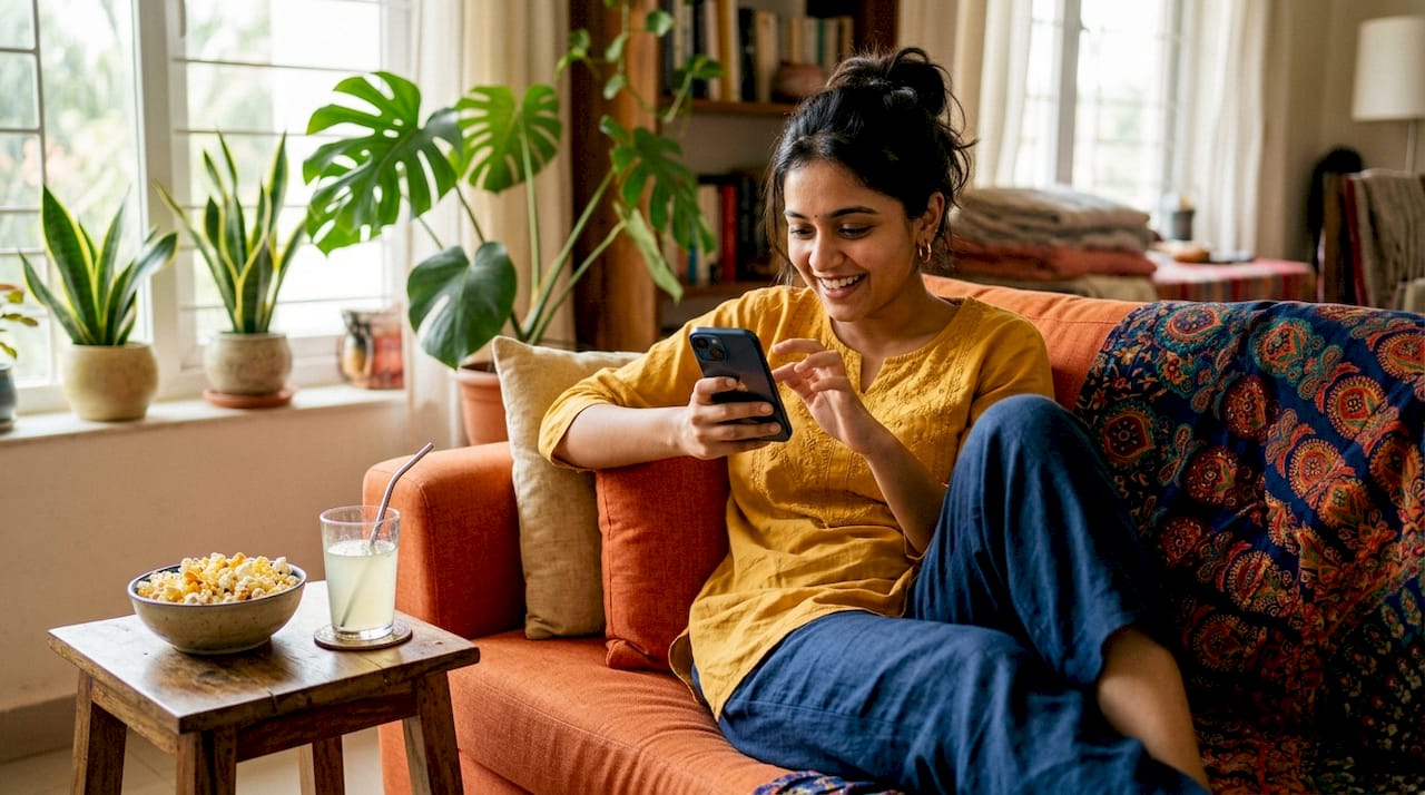 Woman ordering snack delivery on phone at kitchen table