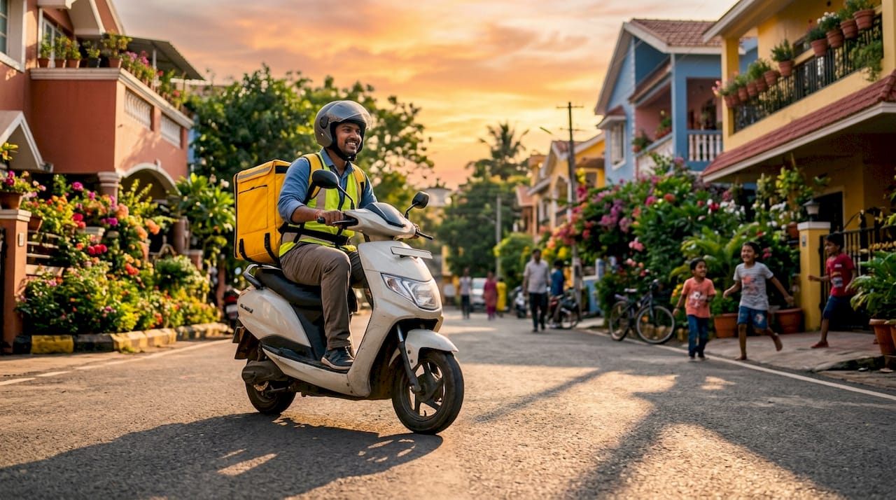 Snack delivery driver riding scooter in city street