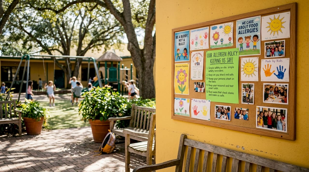 School bulletin board with allergen policy flyer