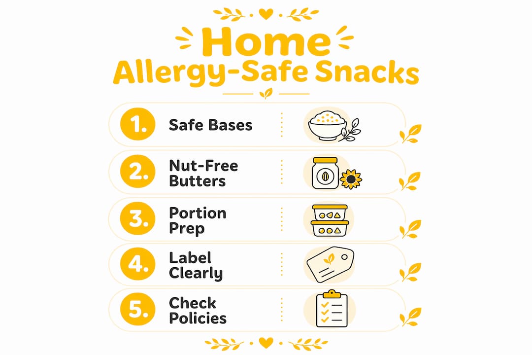 Infographic depicting steps for preparing allergy-safe school snacks