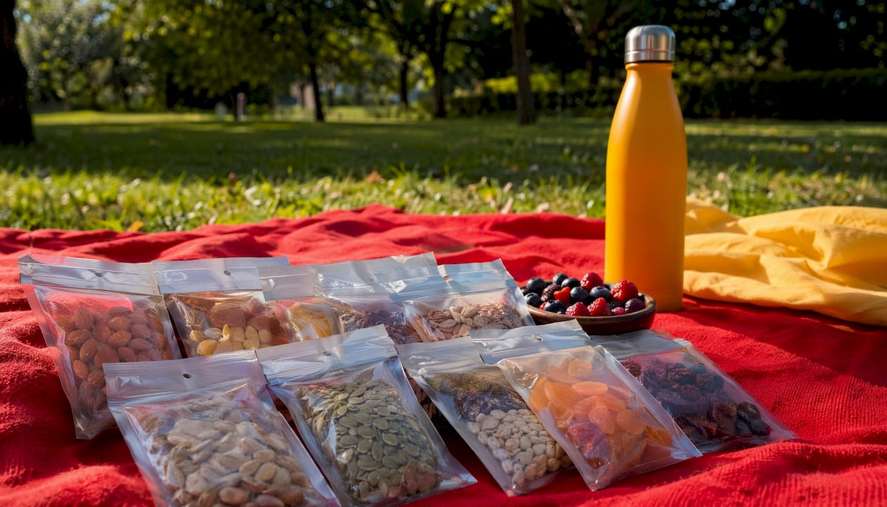 Single-serve snack packs on wooden table overhead view
