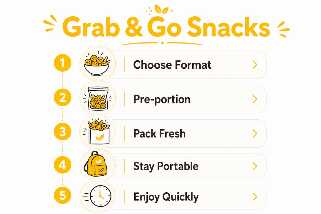 Infographic illustrating steps for grab and go snack formats