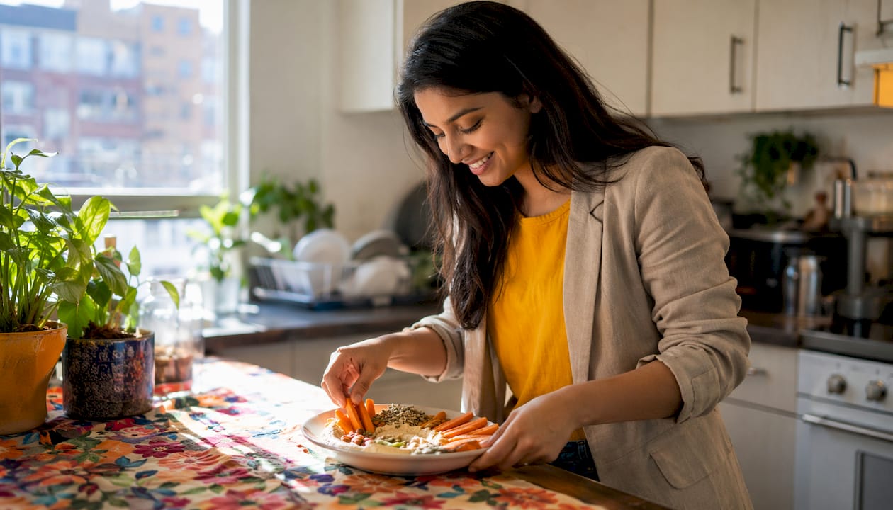 Woman preparing healthy snack at kitchen table