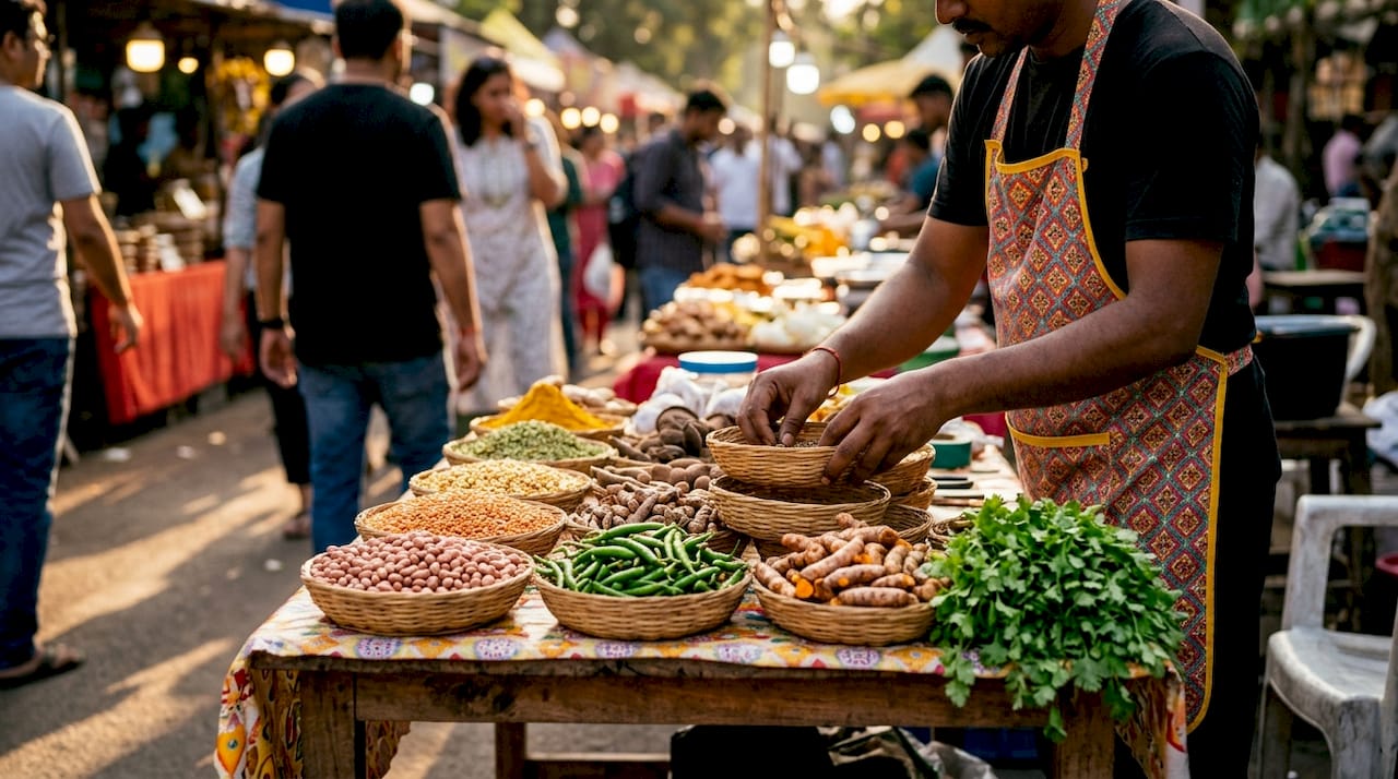 Fresh ingredients at farmer’s market stall for traditional snacks