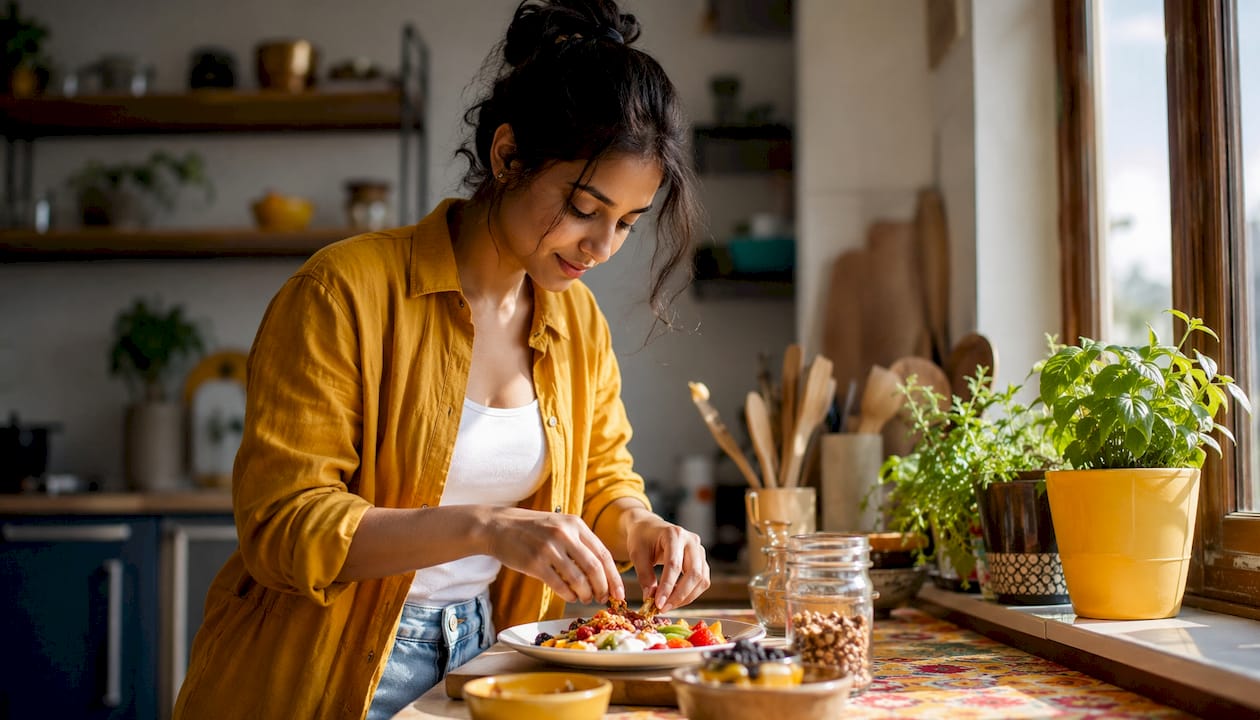 Woman preparing balanced meal replacement snack at home