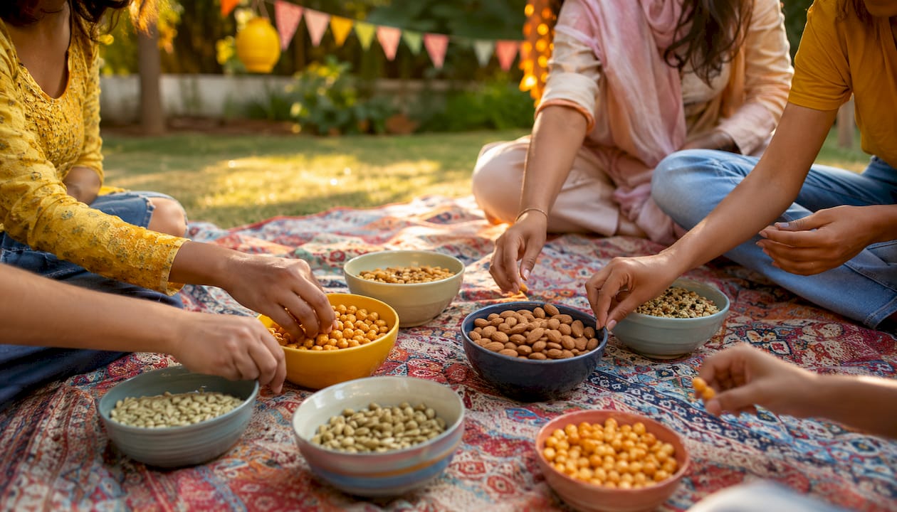 Hands holding protein-rich snack bowl overhead view