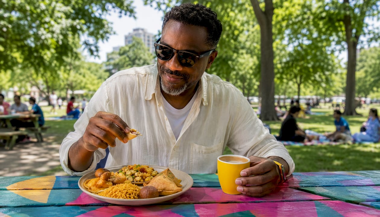 Man enjoying savory snack at outdoor café side view