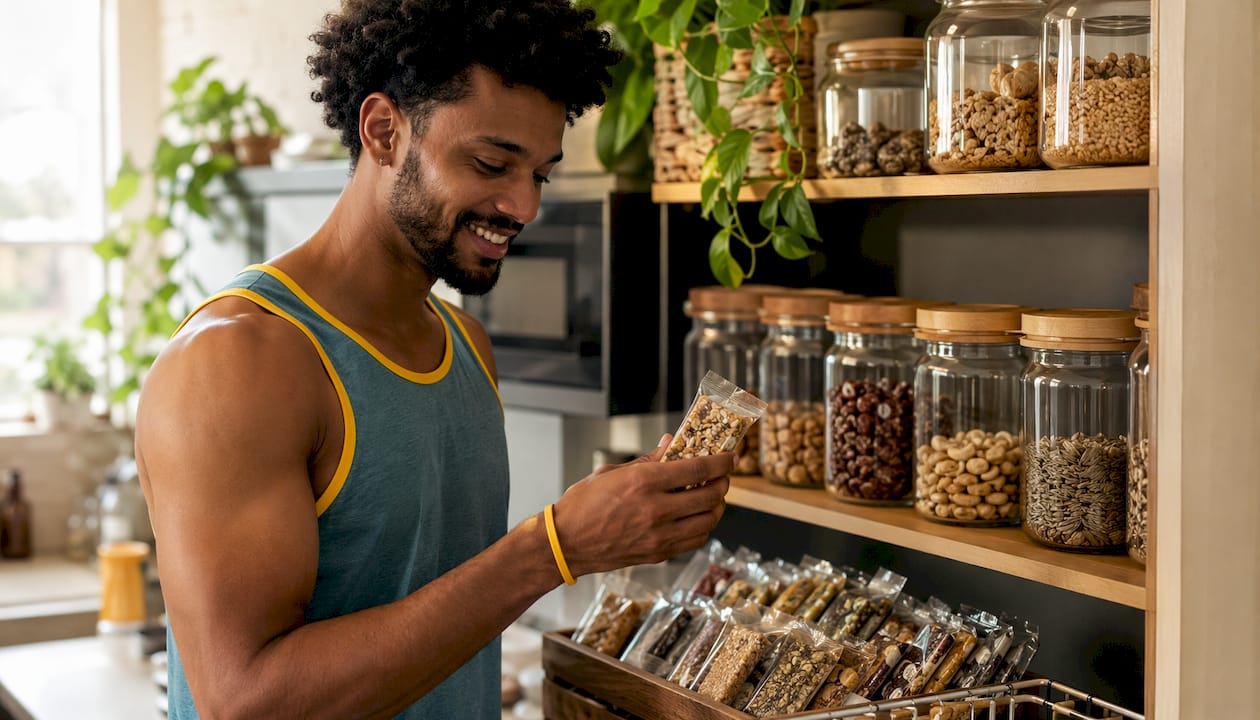 Man selecting protein snacks from pantry shelf