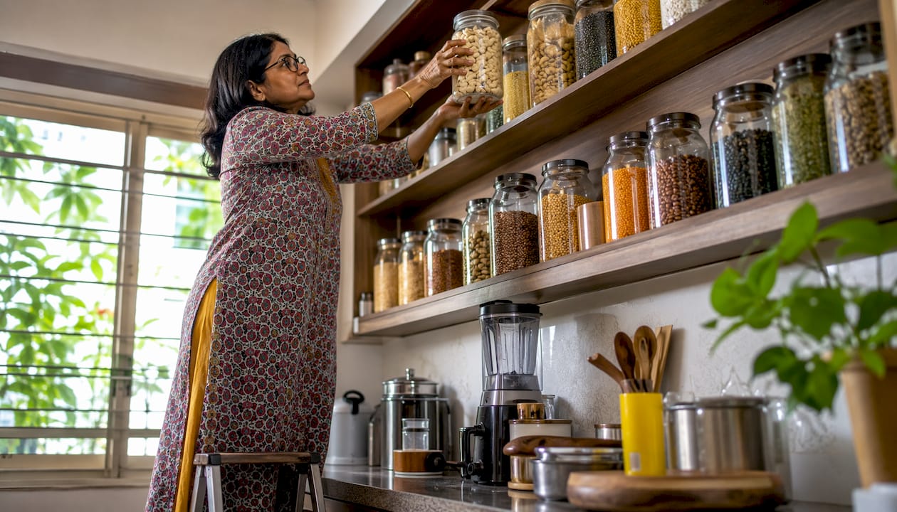 Woman organizing healthy snack pantry jars