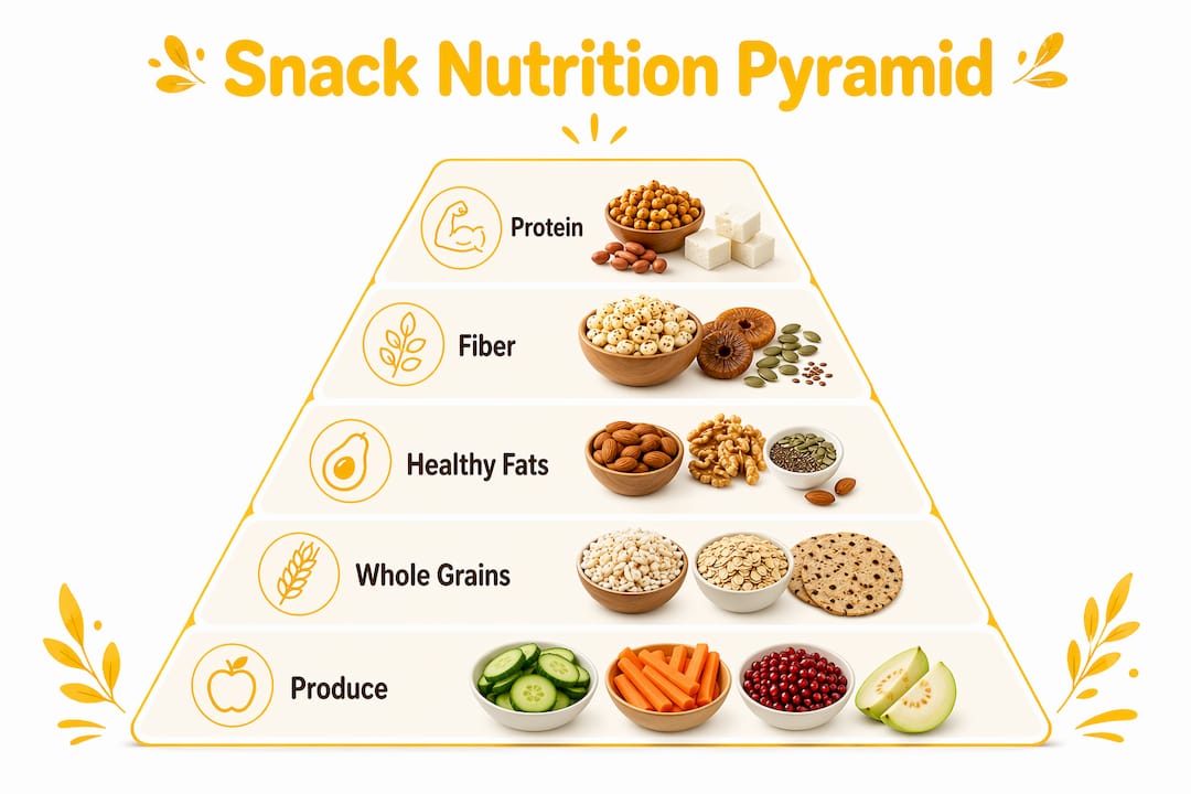 Infographic of snack nutrition pyramid showing category hierarchy