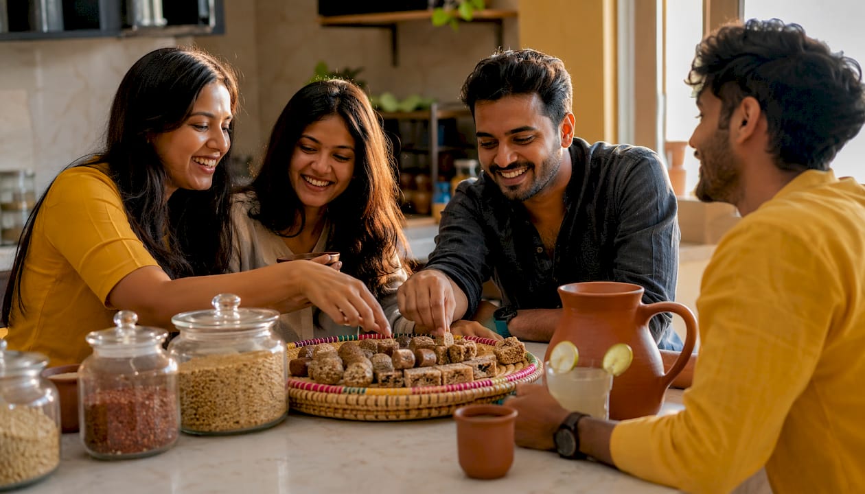 Overhead view of Indian millet snack assortment on table