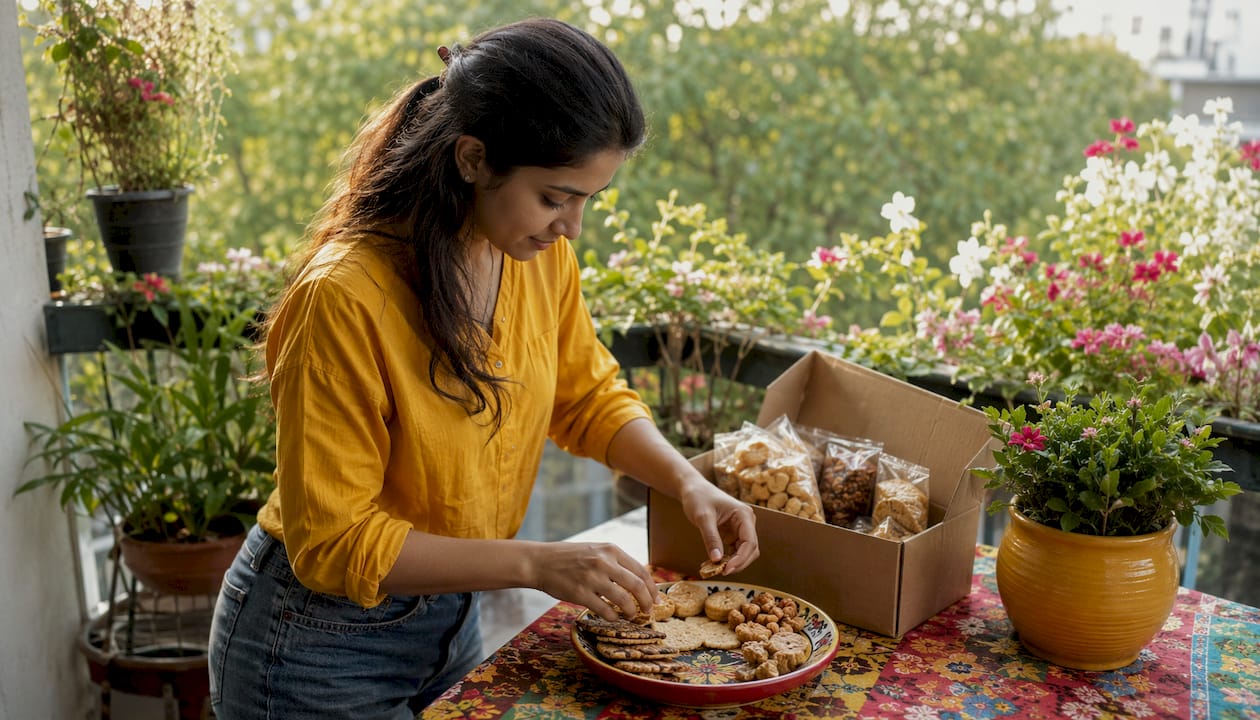 Woman unpacking Indian snacks in kitchen