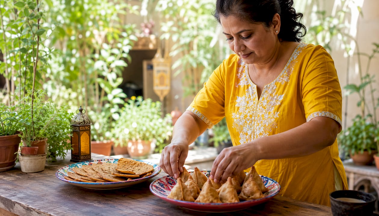 Home cook arranging baked and fried Indian snacks