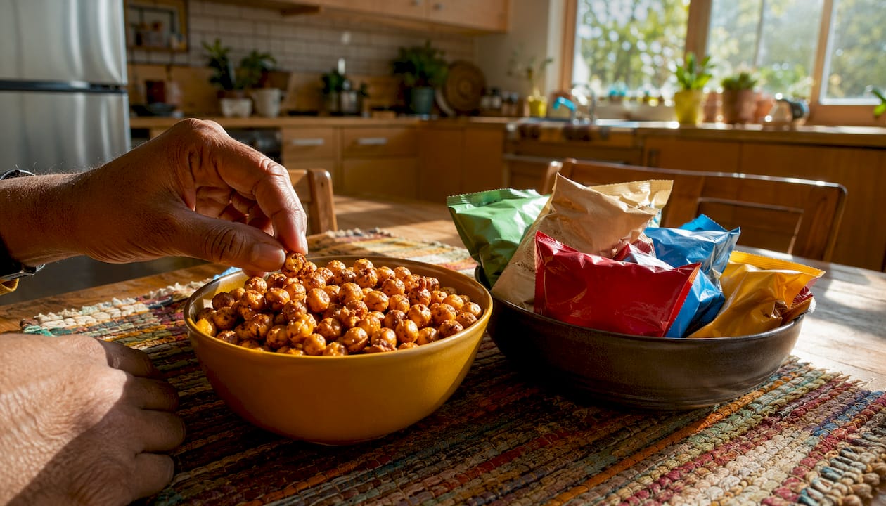Close-up of homemade vs packaged snack bowls