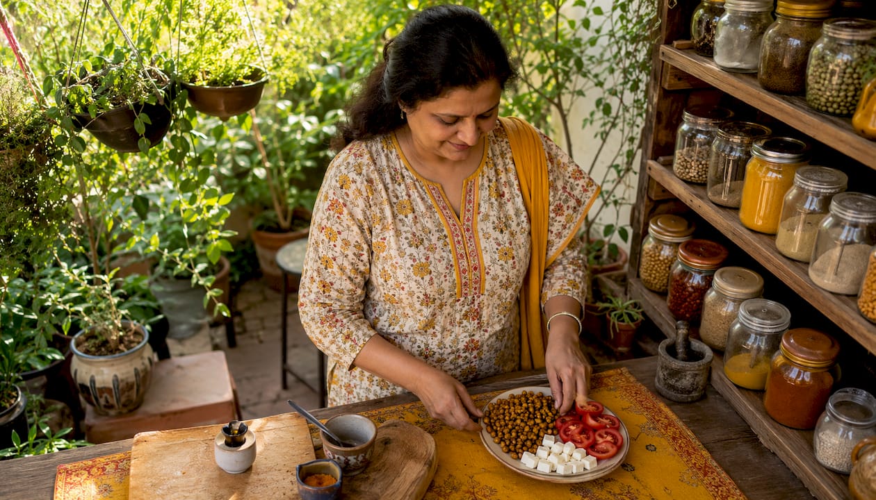 Woman preparing balanced Desi snack plate in kitchen
