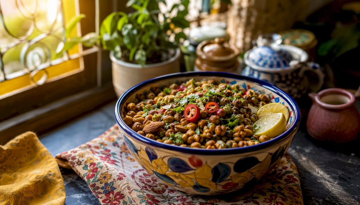 Overhead view of nutrient-rich Desi snack bowl