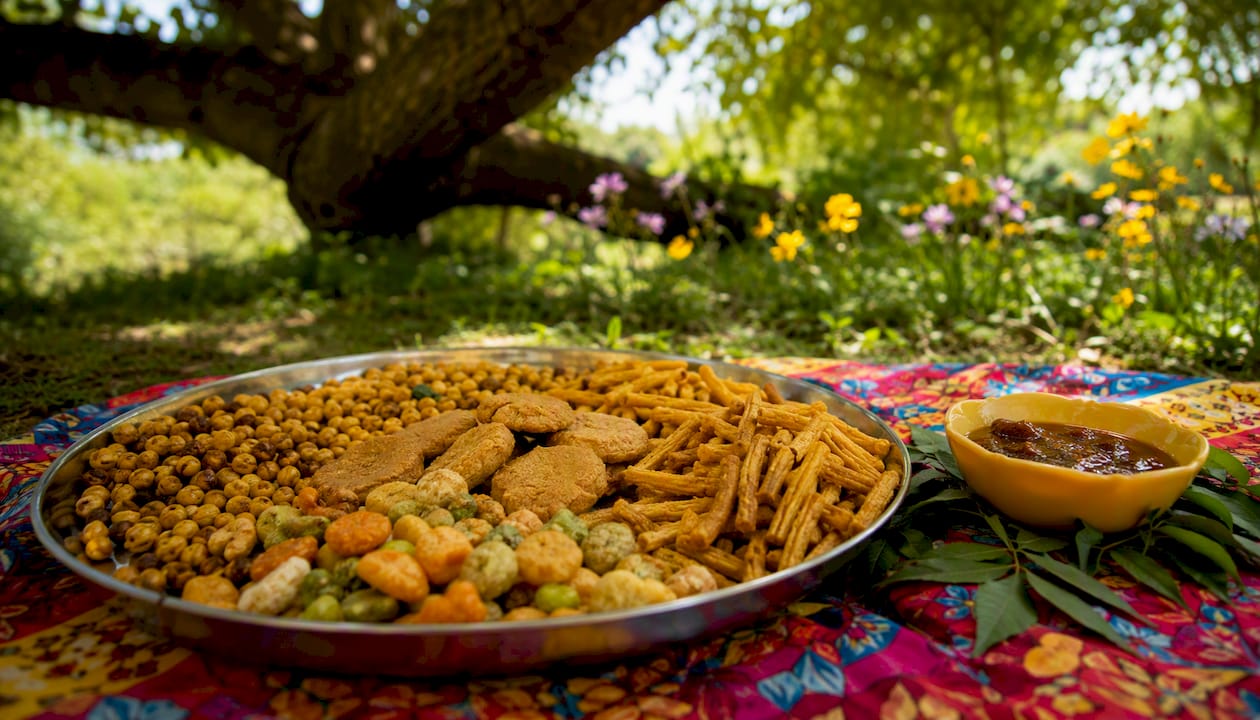 Variety of Indian snacks on platter