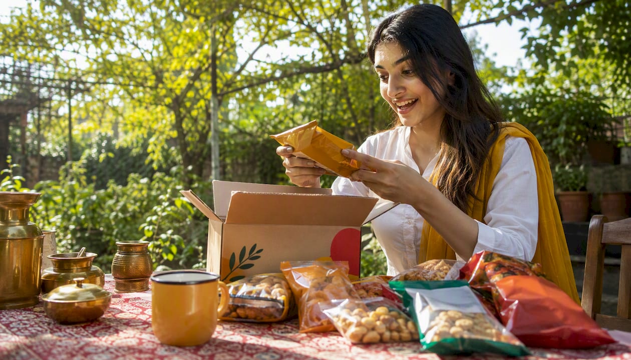 Woman unpacking Indian snacks at home