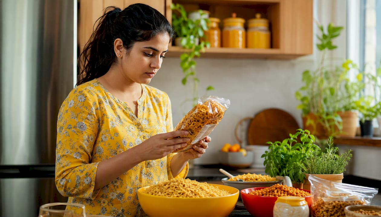 Woman examining Indian snack packaging at table