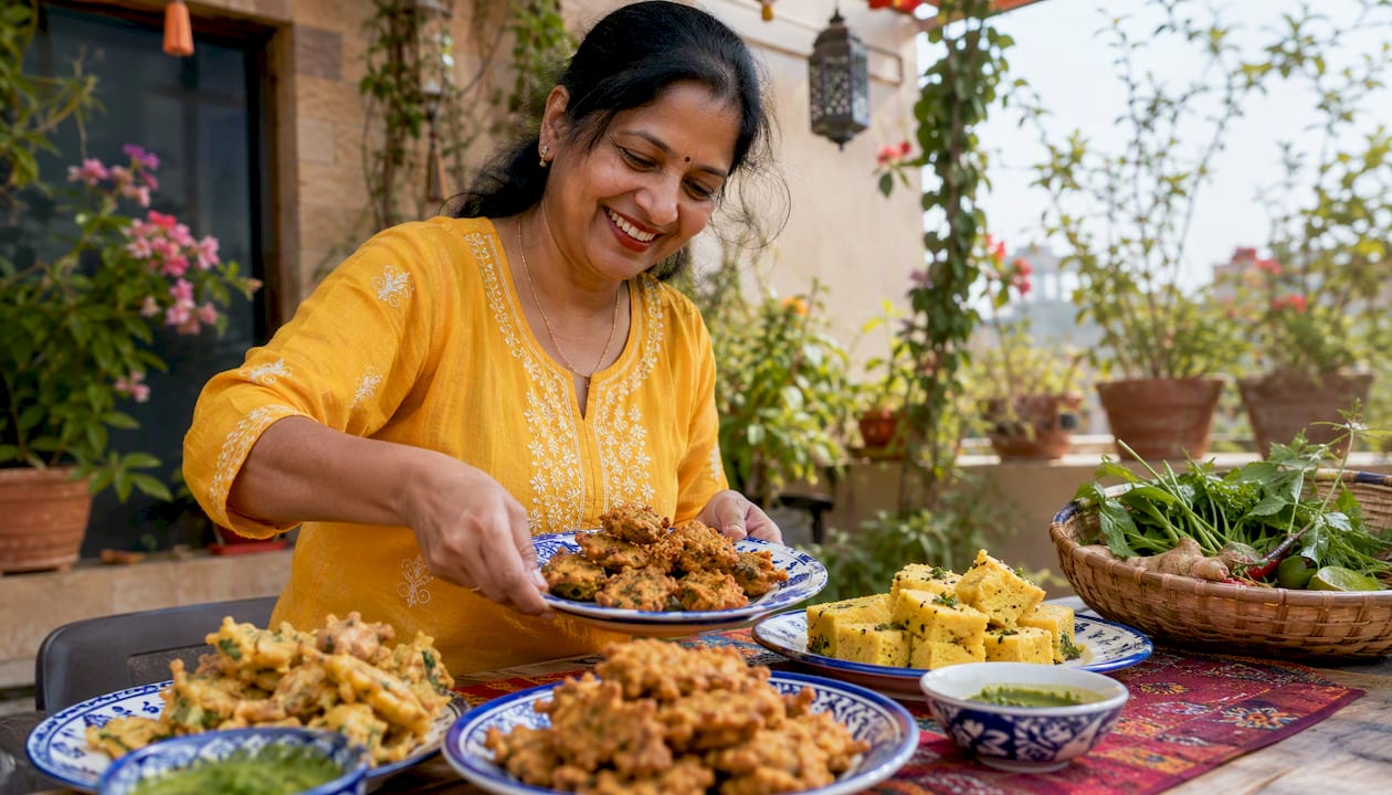 Overhead view of traditional Indian snacks on kitchen counter