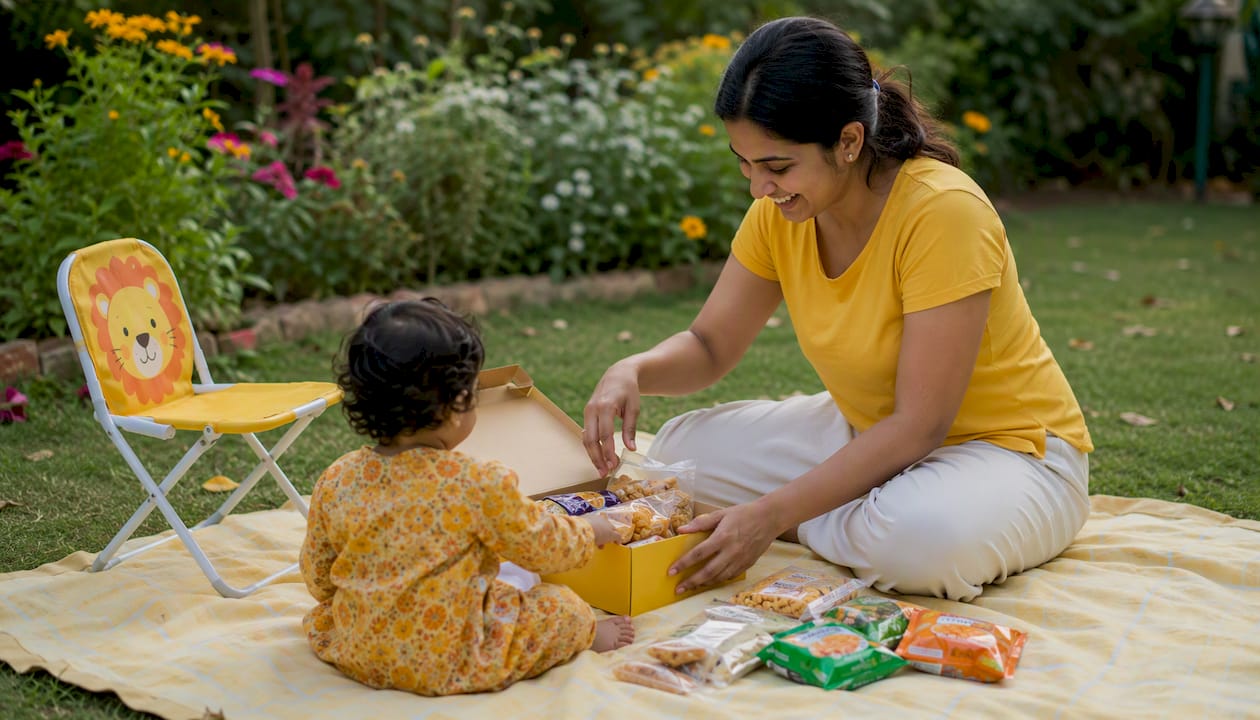 Mother unpacking traditional snacks in kitchen